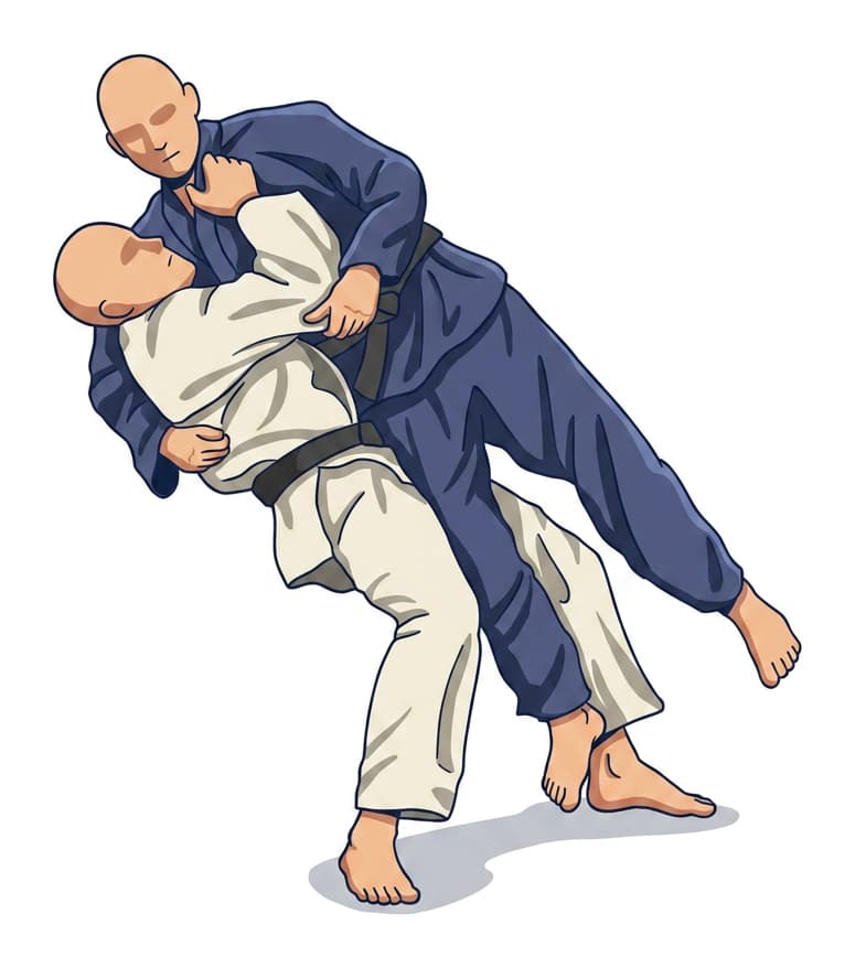 Ura-nage: Tori ist die Person in Elfenbein, die Uke in Marineblau anhebt.