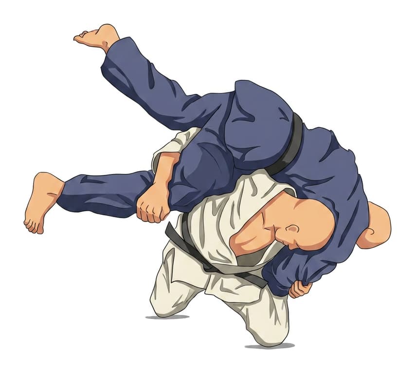 Kneeling Kata-guruma variation: Tori in ivory supports Uke across the shoulders. The Kata form rises to stand.