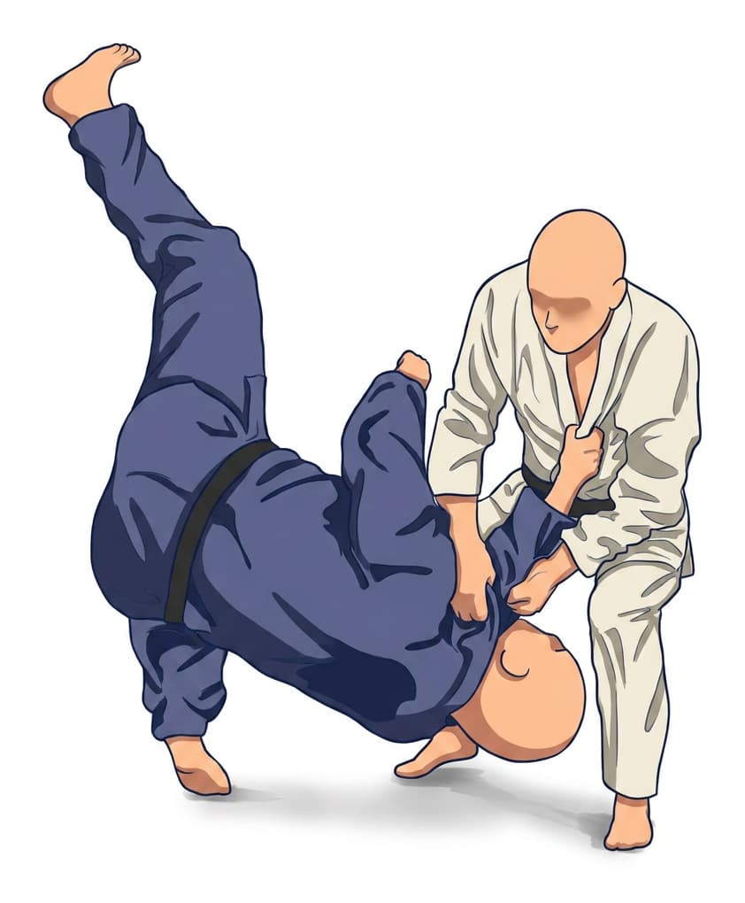 Standing Uki-otoshi: Tori in ivory guides the drop. Nage-no-kata uses a kneeling finish.