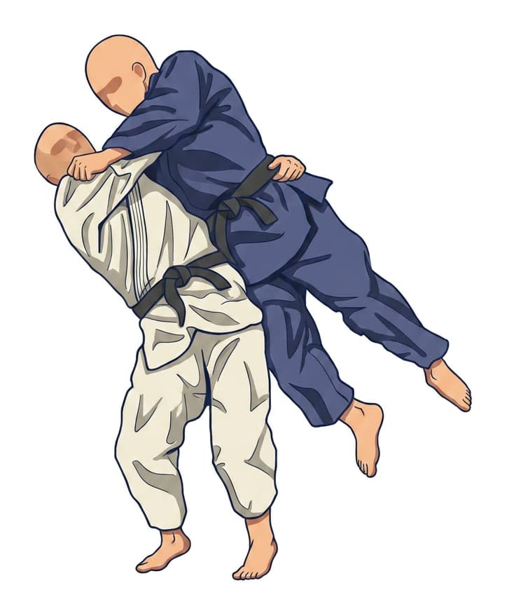 Utsuri-goshi: Tori ist die Person in Elfenbein, die Uke in Marineblau anhebt.
